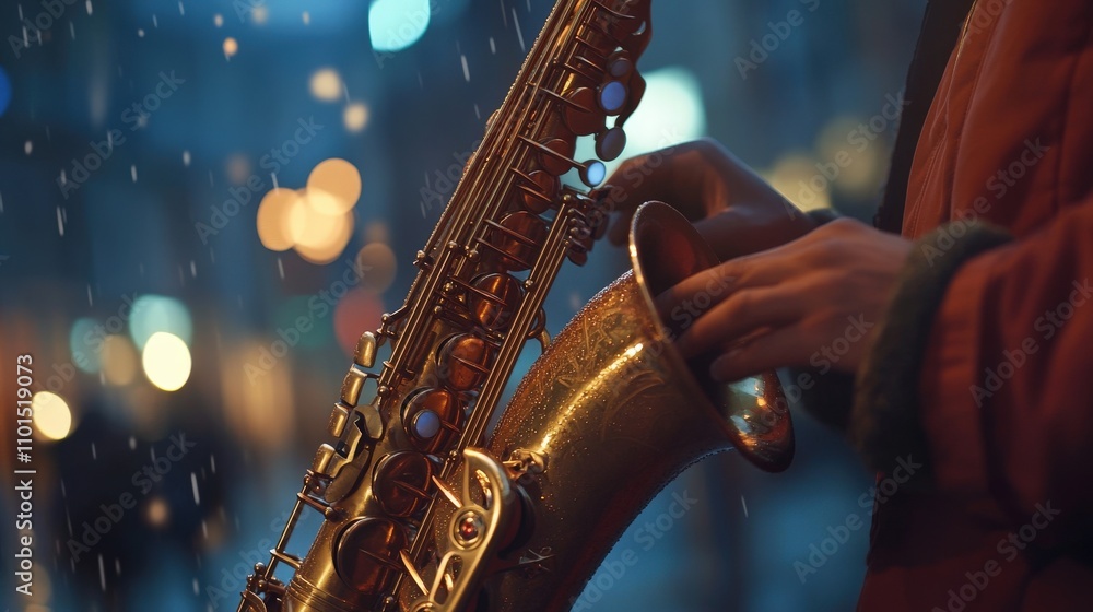 Obraz premium Saxophonist Playing In Rain Lit City Night