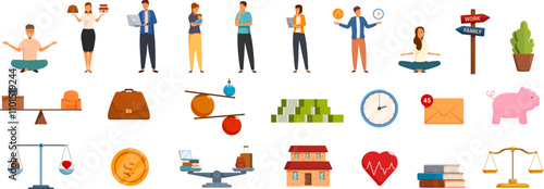 Work life balance icons set. People are balancing various aspects of their lives, including work, family, health, money, and personal time, striving for a harmonious equilibrium