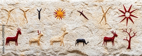 The image depicts ancient rock art featuring stylized figures and animals, showcasing early human creativity and cultural expression.