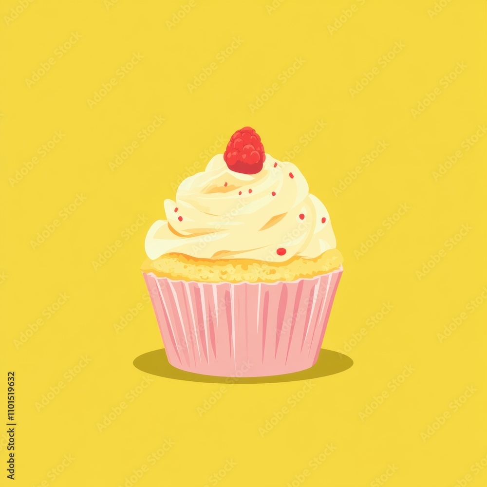 Delightful Cupcake with Whipped Cream Frosting and Raspberry Topping on a Bright Yellow Background, Perfect for Sweet Treats and Dessert Themes Delightful Cupcake with Whipped Cream Frosting and Raspberry Topping on a Bright Yellow Background, Perfect for Sweet Treats and Dessert Themes