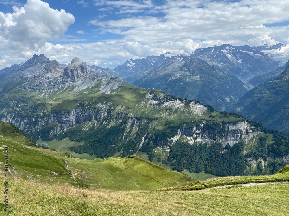View of the Urner Alpen from the peaks above Lake Melchsee or Melch Lake in the Uri Alps mountain massif, Kerns - Canton of Obwald, Switzerland (Kanton Obwalden, Schweiz)