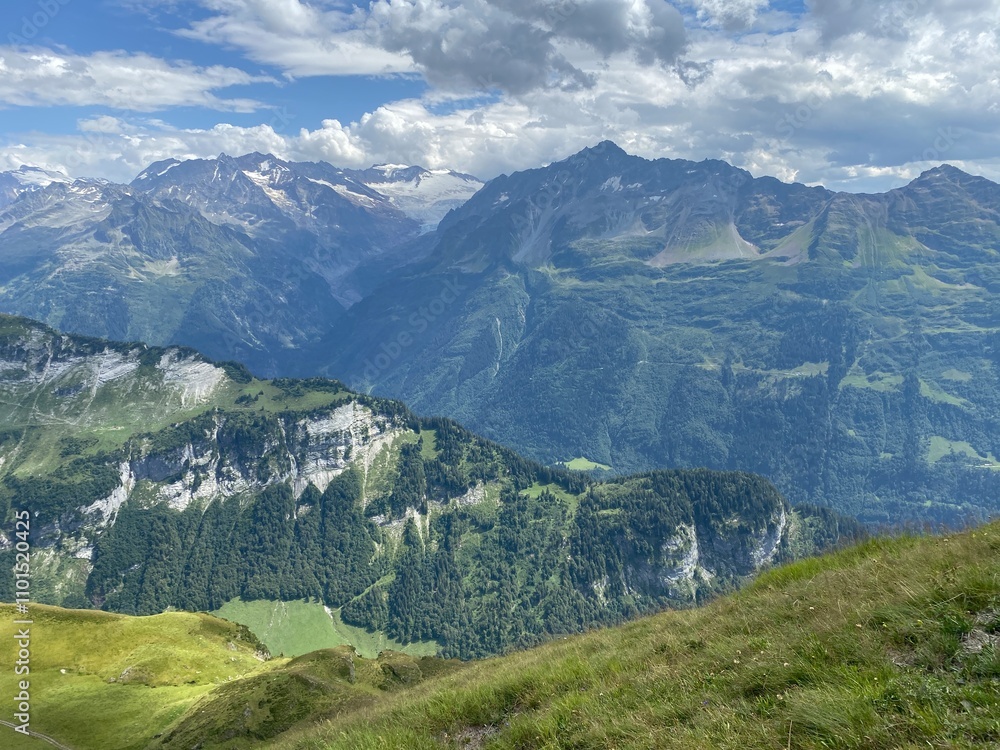 View of the Urner Alpen from the peaks above Lake Melchsee or Melch Lake in the Uri Alps mountain massif, Kerns - Canton of Obwald, Switzerland (Kanton Obwalden, Schweiz) View of the Urner Alpen from the peaks above Lake Melchsee or Melch Lake in the Uri Alps mountain massif, Kerns - Canton of Obwald, Switzerland (Kanton Obwalden, Schweiz)