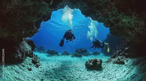 Underwater caves with divers exploring deep, thrilling passages photo