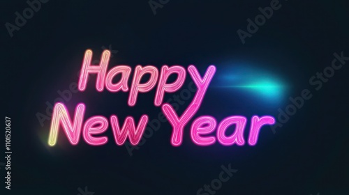 Glowing "Happy New Year" text with a vibrant gradient of neon pink to midnight blue, set against a deep black background with a soft, radiant glow around the edges.