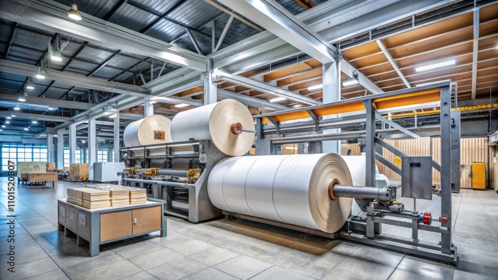 High-Quality Product Photography of a Paper Roll Machine in a Modern Industrial Setting, Showcasing Its Features and Capabilities for Marketing and Advertising Purposes High-Quality Product Photography of a Paper Roll Machine in a Modern Industrial Setting, Showcasing Its Features and Capabilities for Marketing and Advertising Purposes