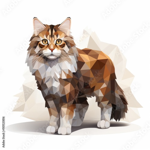 Colorful Low Poly Illustration of a Maine Coon Cat with Detailed Fur and Expressive Eyes, Set Against a Soft Geometric Background for Modern Decor photo