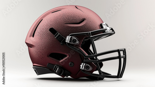 Close-up view of a maroon American football helmet with a black facemask and textured surface, showcasing modern design and protective gear features. photo