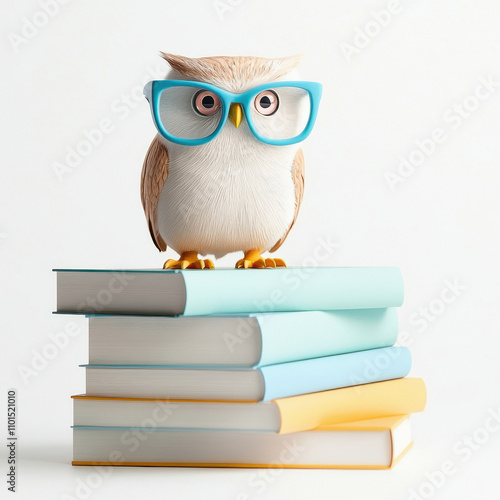 owl sitting on stack of books on white background photo