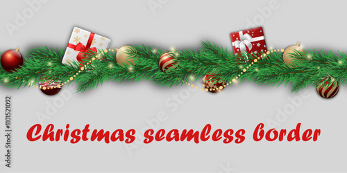 Christmas seamless border. an endless strip of fir branches, gift boxes and Christmas decorations. realistic vector graphic element for card, greeting, banner, brochure, website. christmastime vibe.