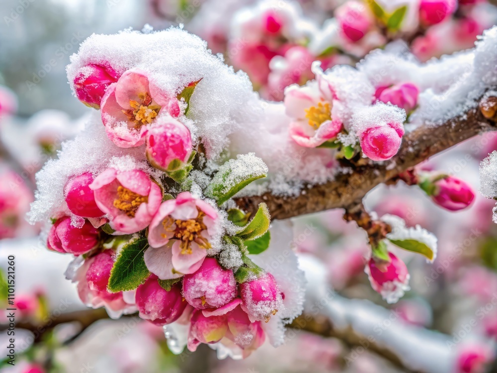 Impact of Frost on Blossoming Orchards: A Double Exposure Capture of Snow on Pink Flowers and Budding Trees Highlighting Agricultural Challenges Impact of Frost on Blossoming Orchards: A Double Exposure Capture of Snow on Pink Flowers and Budding Trees Highlighting Agricultural Challenges