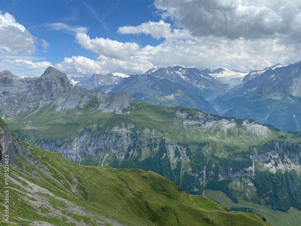 View of the Urner Alpen from the peaks above Lake Melchsee or Melch Lake in the Uri Alps mountain massif, Kerns - Canton of Obwald, Switzerland (Kanton Obwalden, Schweiz) View of the Urner Alpen from the peaks above Lake Melchsee or Melch Lake in the Uri Alps mountain massif, Kerns - Canton of Obwald, Switzerland (Kanton Obwalden, Schweiz)