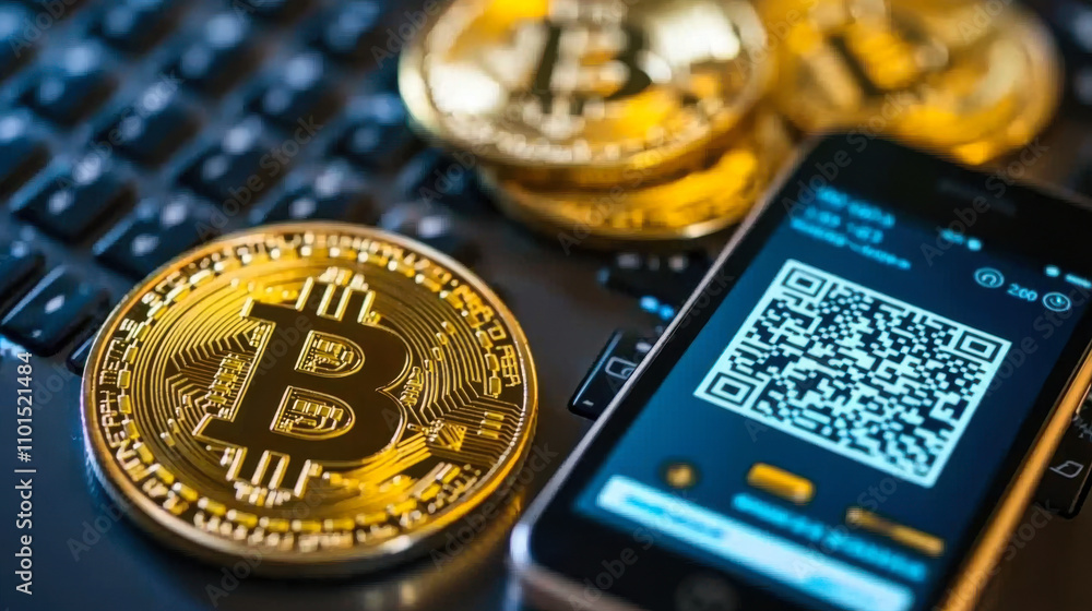 Digital currency Bitcoin coins and mobile wallet on keyboard Digital currency Bitcoin coins and mobile wallet on keyboard