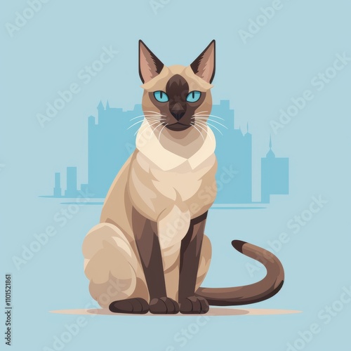 Stylish and Elegant Siamese Cat Sitting Gracefully against a Minimalist City Skyline Background in Soft Pastel Colors for Cat Lovers and Art Enthusiasts photo