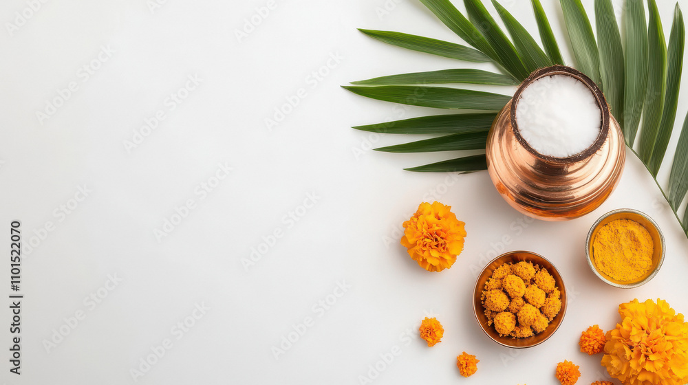 Copper Kalash with marigold flowers on white background Copper Kalash with marigold flowers on white background