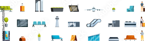 Airport waiting area icons set. Airport terminal icons depict diverse amenities, including seating, security checks, and information displays, alongside passengers preparing for their journeys