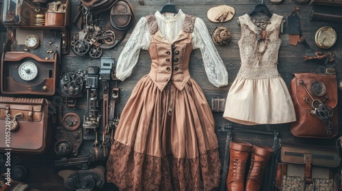 Victorian steampunk outfits and accessories, mechanical details photo