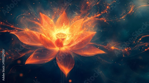 A fiery, glowing lotus flower with a dark, abstract background