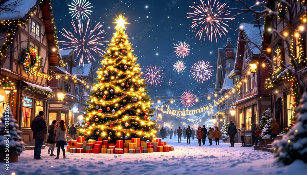 custom made wallpaper toronto digitalChristmas celebration with fireworks and decorated trees.