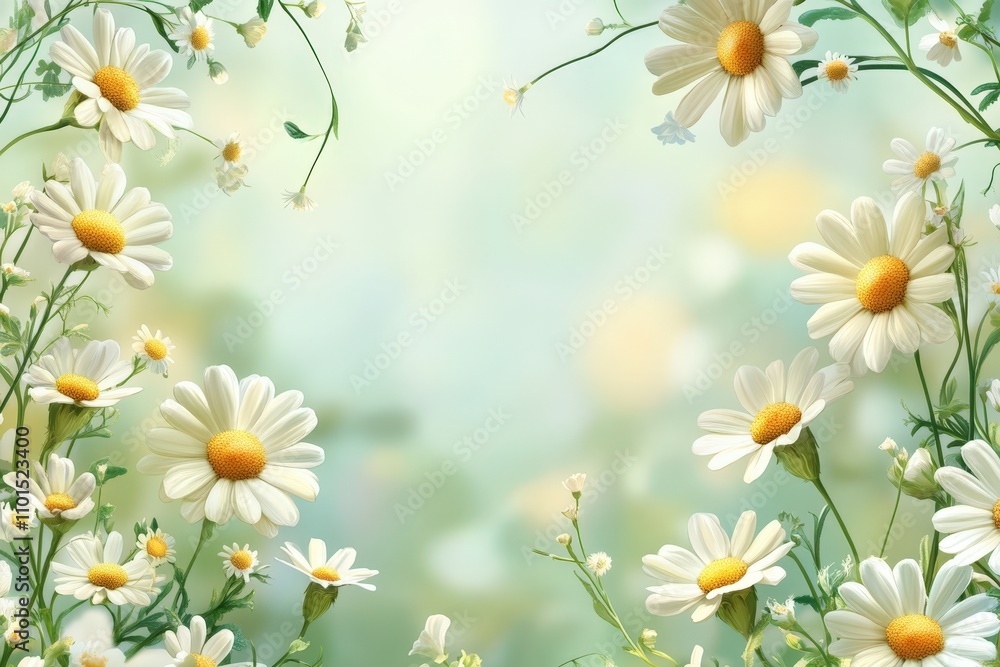 Fototapeta premium A serene floral background featuring vibrant daisies, perfect for adding a touch of nature to invitations, websites, or packaging designs, The soft focus enhances its versatility for spring themes,