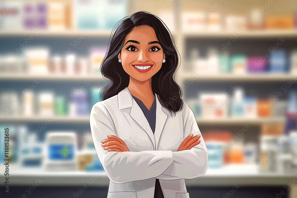 Happy Indian female pharmacist stands in pharmacy with crossed arms. Pro health care worker in medical store. Friendly, confident look at camera. Positive female pro. Retail store setting. Medical Happy Indian female pharmacist stands in pharmacy with crossed arms. Pro health care worker in medical store. Friendly, confident look at camera. Positive female pro. Retail store setting. Medical