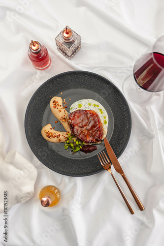 Braised Pork Steak with Parsnip Cream on a Black Plate