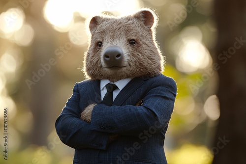 A suited man with a wombat head confidently poses in a forest setting during early autumn photo