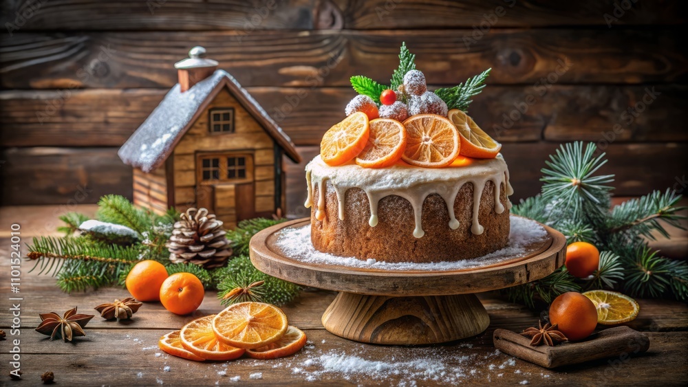 Minimalist Cake Display with Tangerine Slices and Gingerbread House on Wooden Stool, Perfect for Holiday Celebrations and Festive Decor Minimalist Cake Display with Tangerine Slices and Gingerbread House on Wooden Stool, Perfect for Holiday Celebrations and Festive Decor
