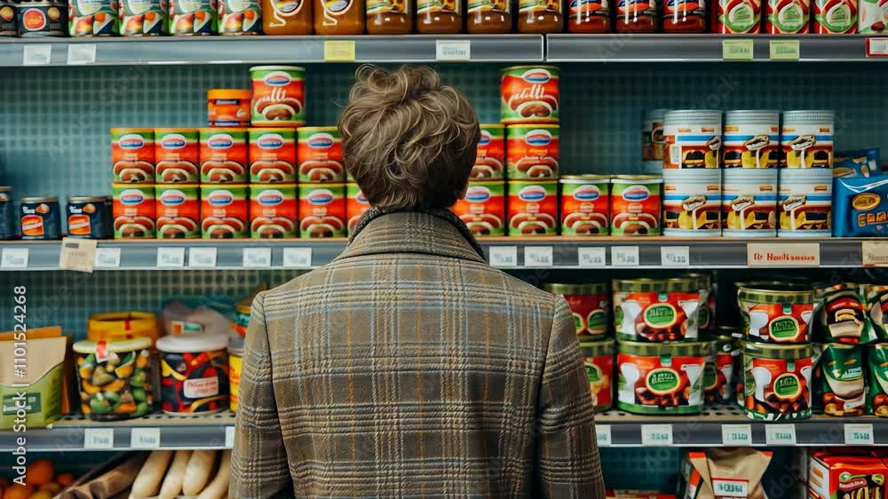 Man contemplating choices in grocery store aisle surrounded by various products and canned goods