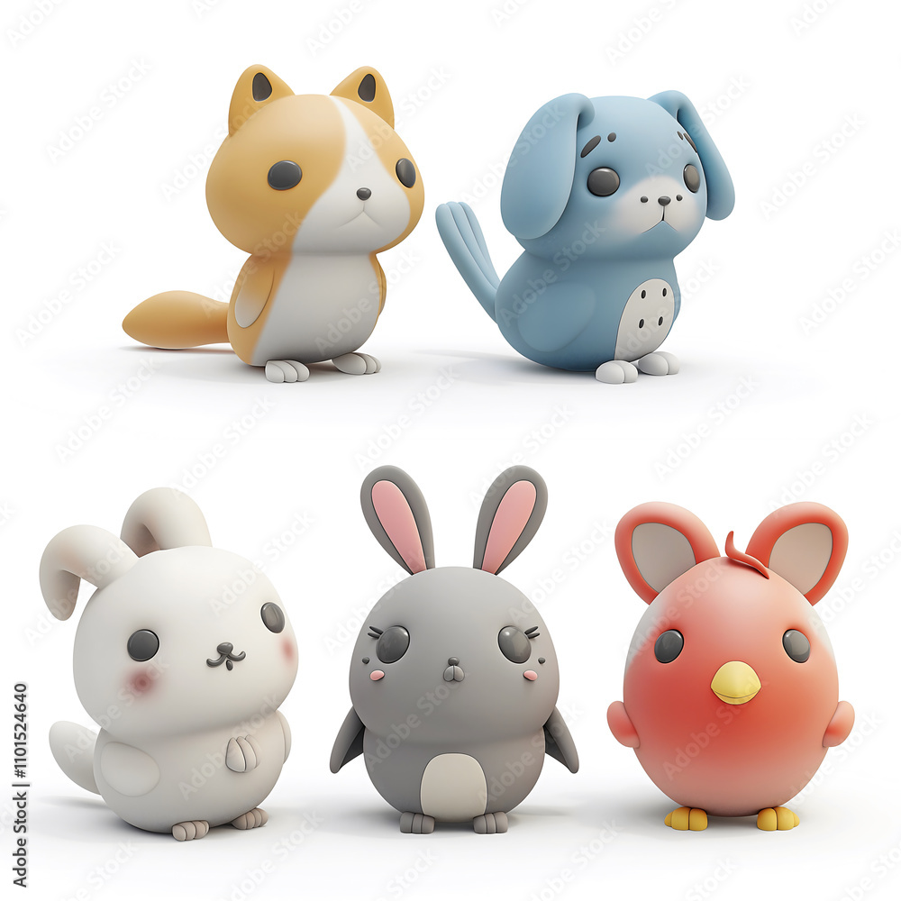 Six playful cartoon-style animal icons showcase a cat, dog, bird, fish, rabbit, and hamster. Each character features soft colors and friendly, exaggerated shapes, perfect for fun projects Six playful cartoon-style animal icons showcase a cat, dog, bird, fish, rabbit, and hamster. Each character features soft colors and friendly, exaggerated shapes, perfect for fun projects