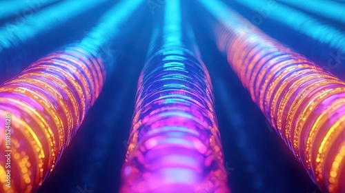 A close-up view of colorful, illuminated tubes creating a vibrant pattern with blue, purple, and orange hues, emphasizing a futuristic aesthetic. photo