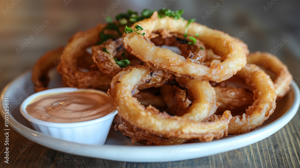 Golden Crispy Onion Rings with Tangy Dipping Sauce Golden Crispy Onion Rings with Tangy Dipping Sauce