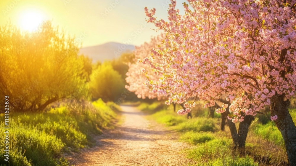 Naklejka premium A Sunlit Path Lined with Pink-Blossomed Trees