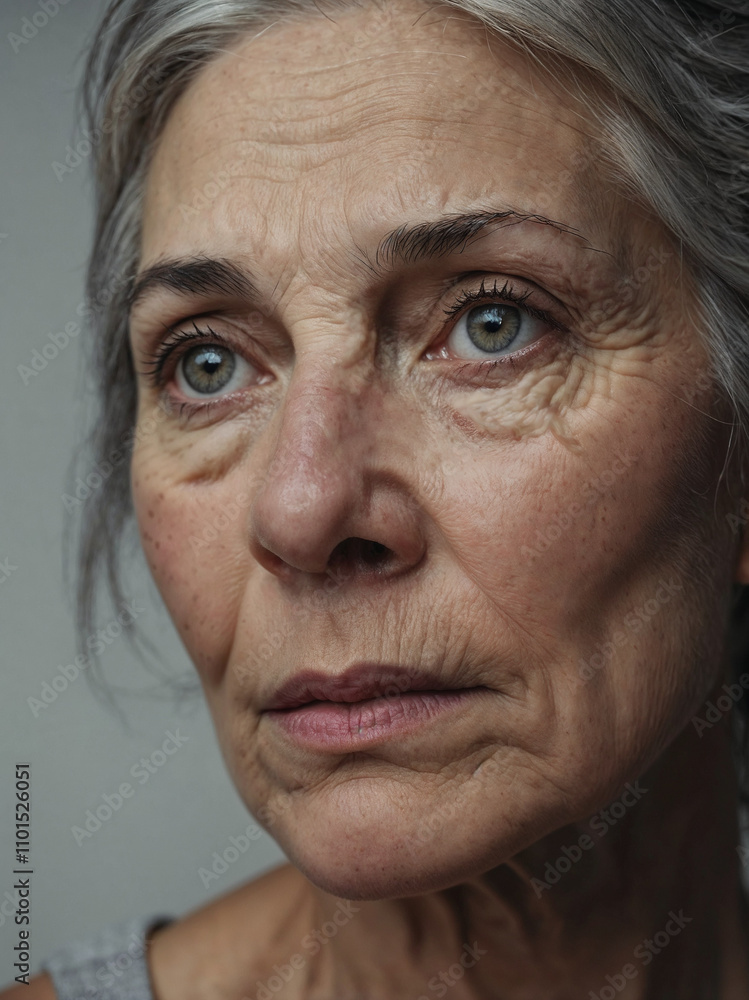 The face of an old woman has wrinkles on her face. The face of an old woman has wrinkles on her face.