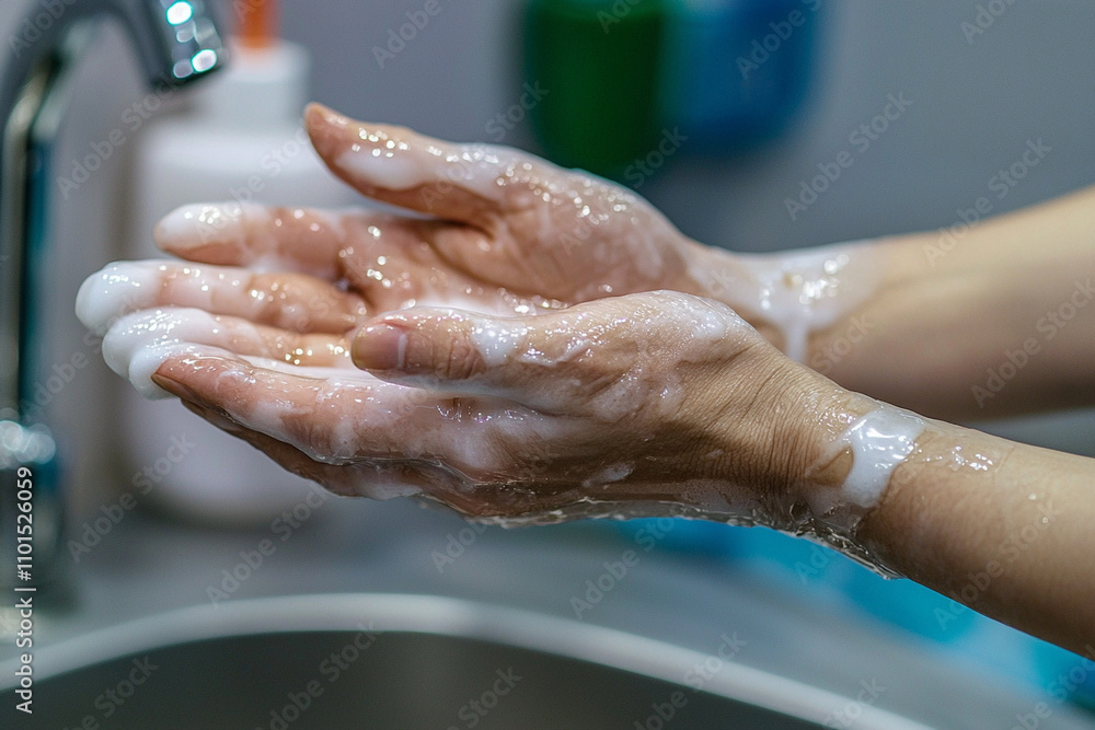 Washing hands with soap at the sink for hygiene Washing hands with soap at the sink for hygiene
