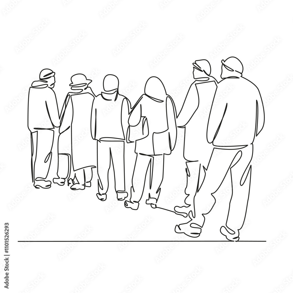 One continuous single drawing line art flat doodle queue, line of people, men and women standing behind each other. Isolated image hand draw contour on a white background, hand drawn, not AI One continuous single drawing line art flat doodle queue, line of people, men and women standing behind each other. Isolated image hand draw contour on a white background, hand drawn, not AI