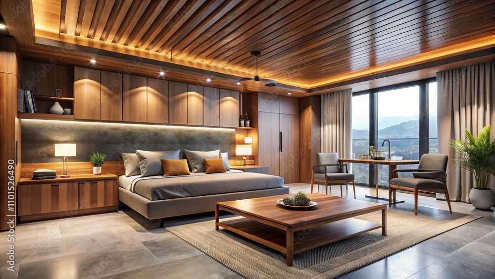 Fototapeta premium Modernist Hotel Room Interior with Wooden Ceilings, Teak Furniture, and Bokeh Effect for a Cozy Atmosphere
