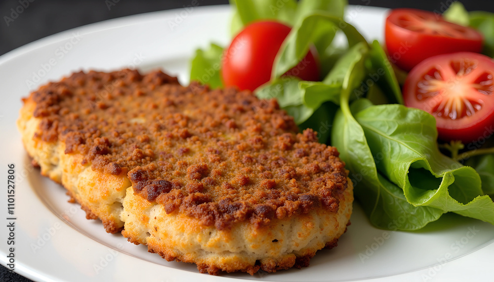 Crispy golden-cutlet served with fresh greens and ripe tomatoes for a delightful meal experience Crispy golden-cutlet served with fresh greens and ripe tomatoes for a delightful meal experience