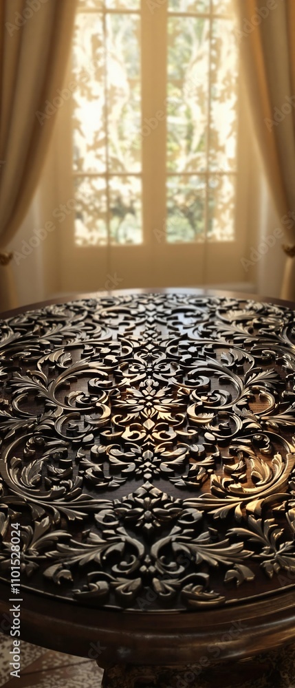 Dark wooden table top with intricate carvings on a blurred background of a half-curtained window displaying a soft afternoon light, half curtain, wooden table top
