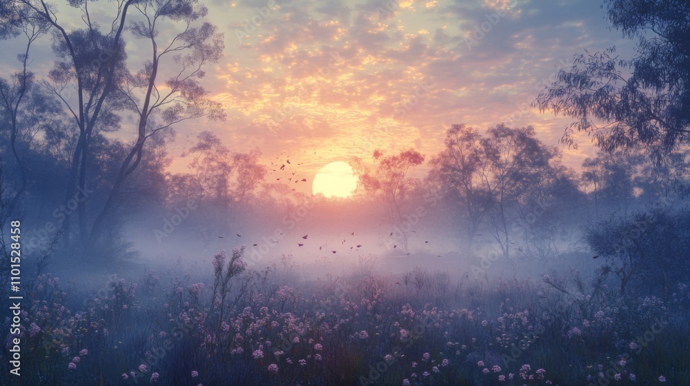 A misty forest clearing with a setting sun and wildflowers A misty forest clearing with a setting sun and wildflowers