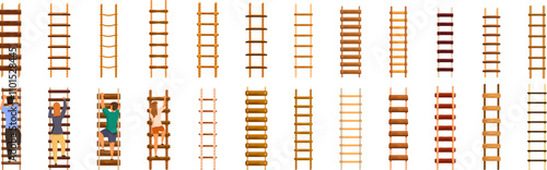 Rope ladder icons set. People are climbing different types of wooden ladders, representing career growth, personal development, and the pursuit of success