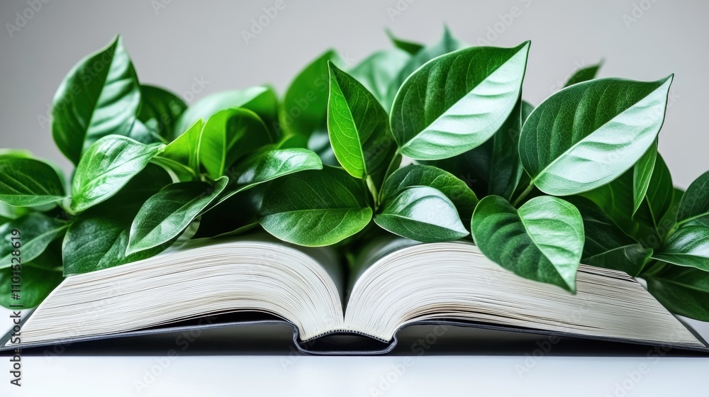 A Well-Used Open Book Surrounded by Lush Green Leaves Creating a Serene Connection Between Nature and Knowledge for a Refreshing Aesthetic Appeal A Well-Used Open Book Surrounded by Lush Green Leaves Creating a Serene Connection Between Nature and Knowledge for a Refreshing Aesthetic Appeal