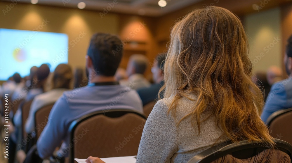 Woman Sitting in a Conference Room Facing a Presentation Woman Sitting in a Conference Room Facing a Presentation