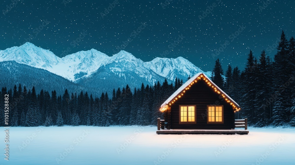 Cozy cabin in snowy landscape with twinkling lights under starry sky and majestic mountains in winter night scene Cozy cabin in snowy landscape with twinkling lights under starry sky and majestic mountains in winter night scene