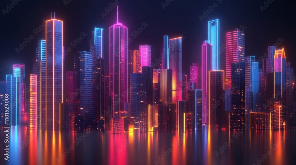 Fototapeta premium Neon Cityscape with Reflections in Water