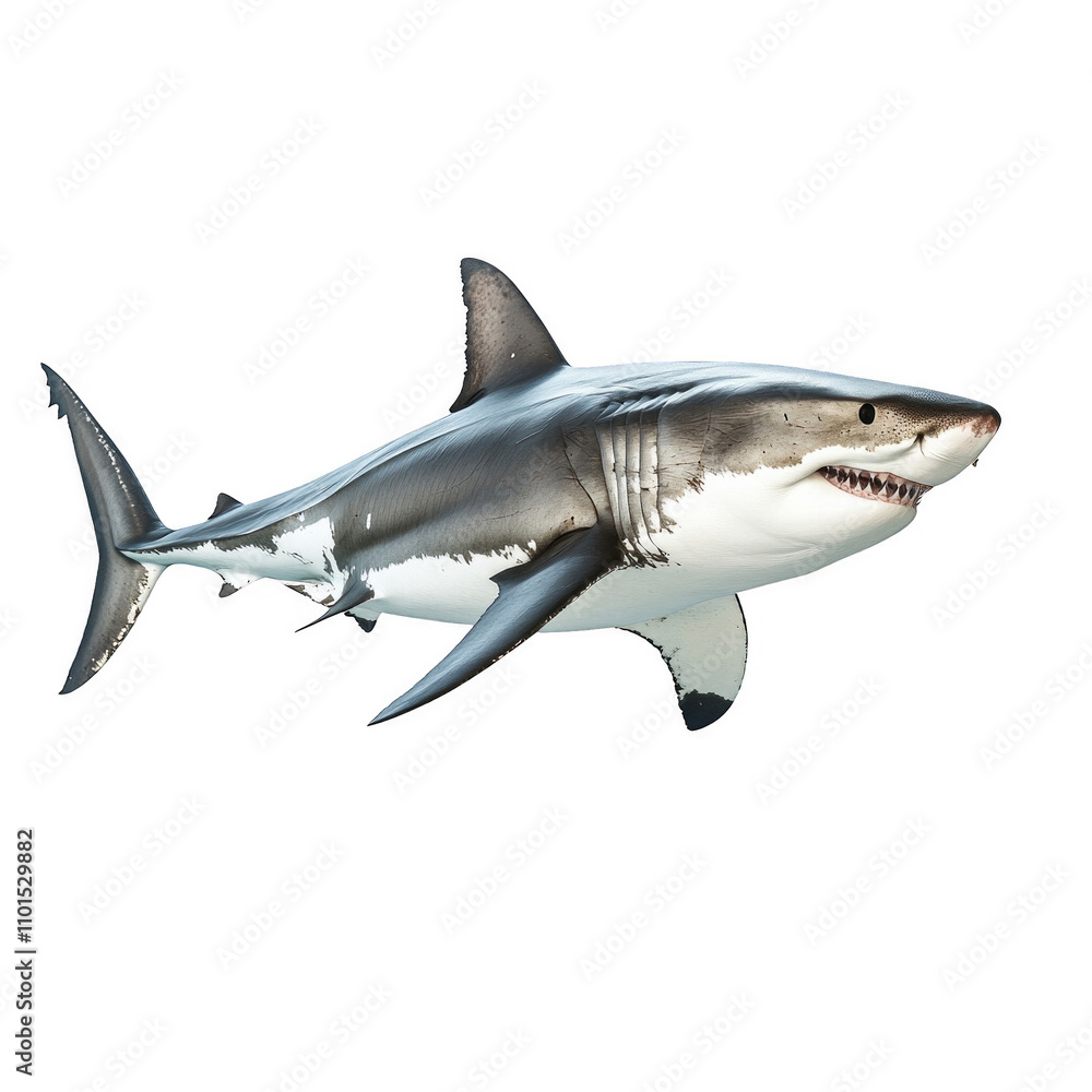 A large white and grey shark is swimming in the ocean A large white and grey shark is swimming in the ocean
