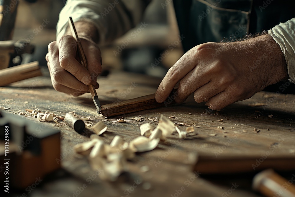 Hands crafting wood with tools in a rustic workshop setting Hands crafting wood with tools in a rustic workshop setting