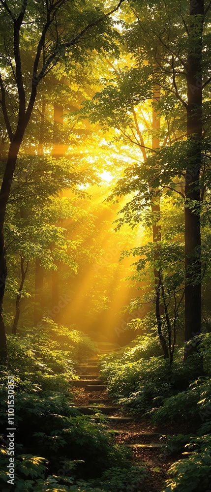 Obraz premium Golden hour light filtering through trees with a shimmering effect, natural beauty, forest atmosphere, shimmering leaves