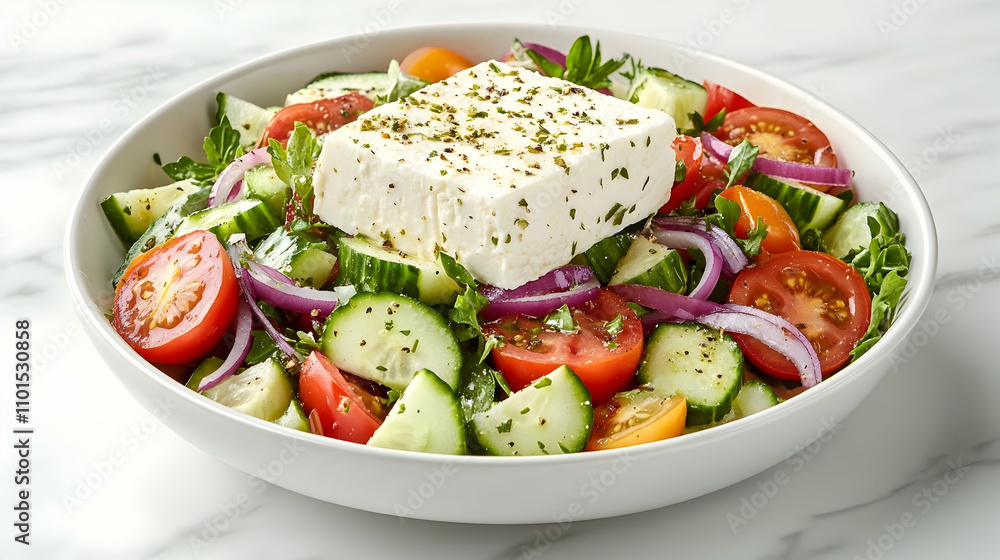 Fresh Mediterranean Greek Salad with Kalamata Olives and Feta, Vibrant Summer Photography