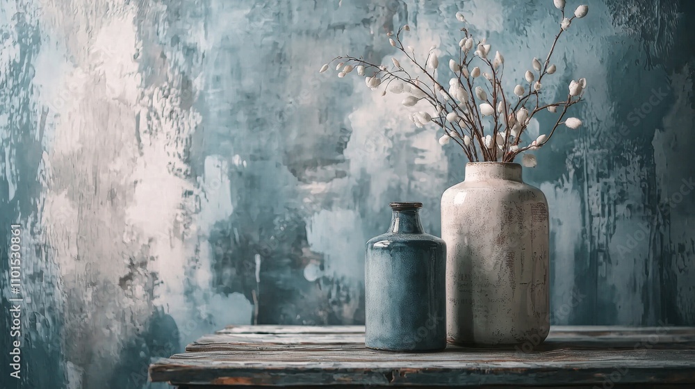 Rustic vases with branches against a textured blue background Rustic vases with branches against a textured blue background