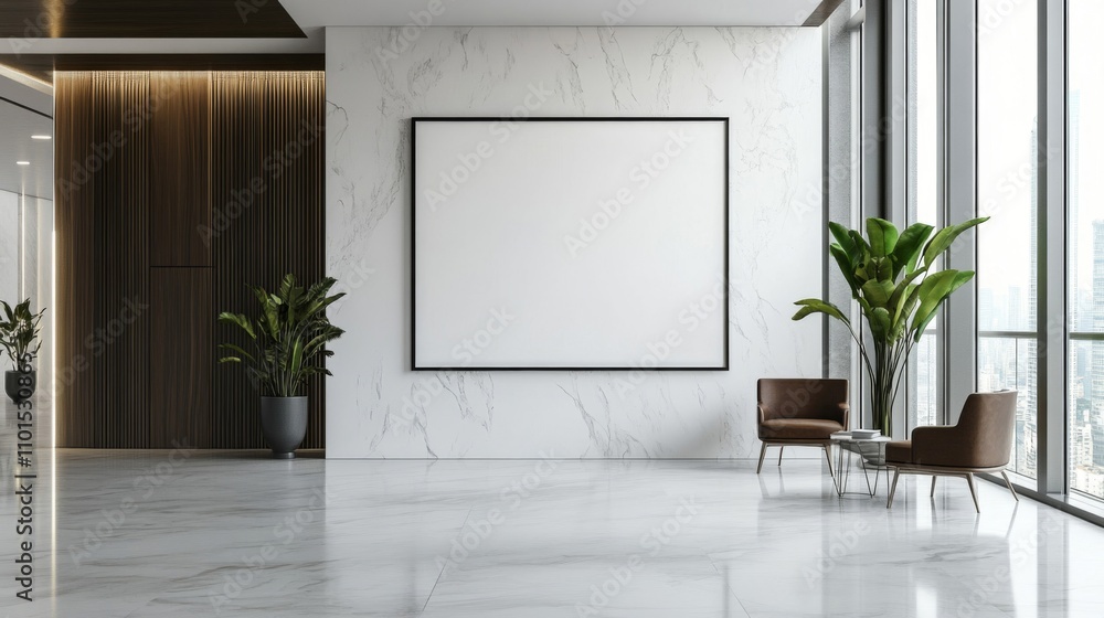 Modern Lobby Interior with Large Blank Canvas and Two Armchairs Modern Lobby Interior with Large Blank Canvas and Two Armchairs